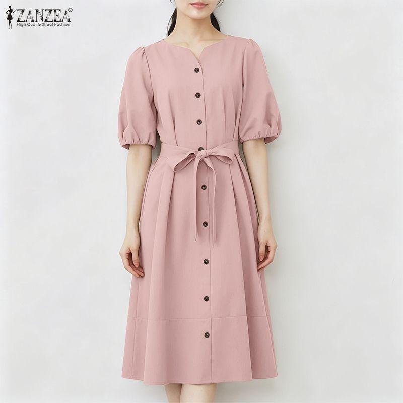 ZANZEA Lässiges, einfarbiges, lockeres Kurzarmkleid mit V-Ausschnitt für Damen