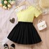 Girls Fashion Set Spring Summer Children's Casual Oblique Shoulder Strap Splicing Mesh Lace Short Sleeve Pleated Skirt Two Sets