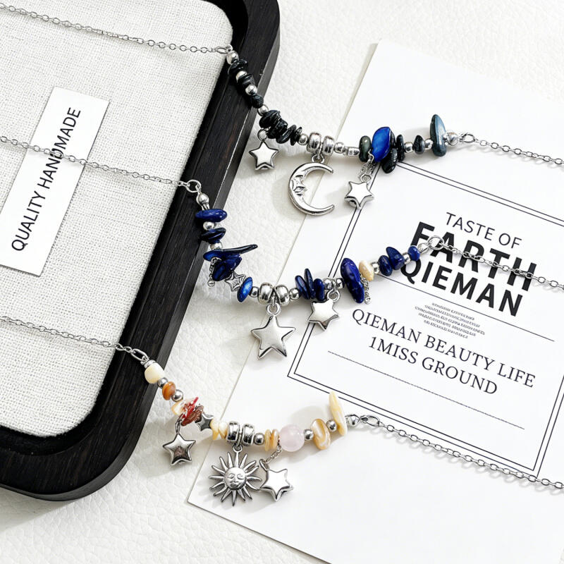 Boho Multicolored Stones Beaded Necklaces for Women Ladies Vintage Metal Star Moon Sun Pendant Necklaces Vacation Jewelry Gifts