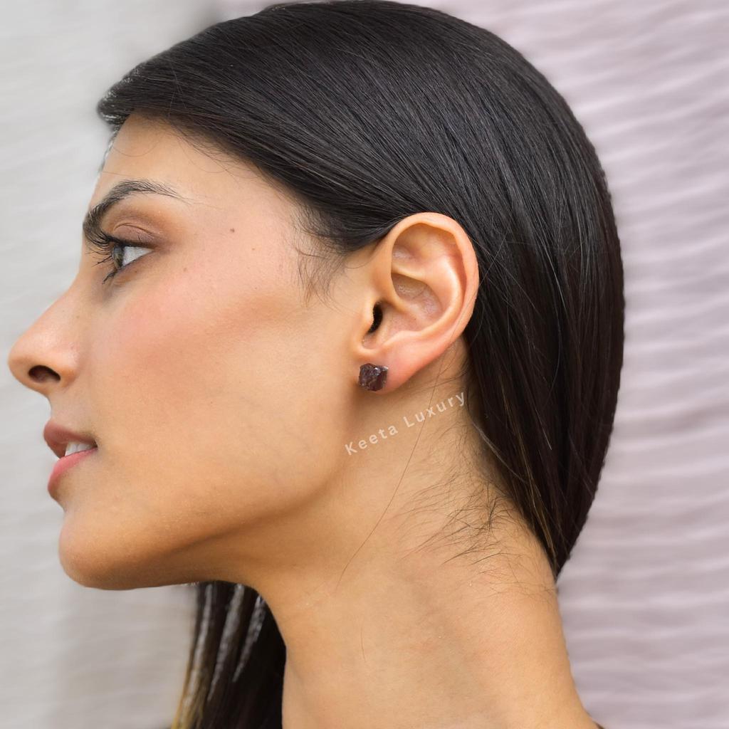 Natural Raw Garnet Stud Earrings Healing Gemstone Bohemian Studs For Women Sterling Silver Unique Handmade Crystal Jewelry Gift Ideas