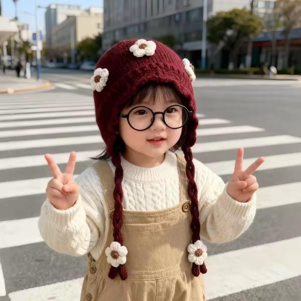 Thick Warm Lining Knit Beanie Knitted Design Infant Ear Protection Cap For Baby Girls