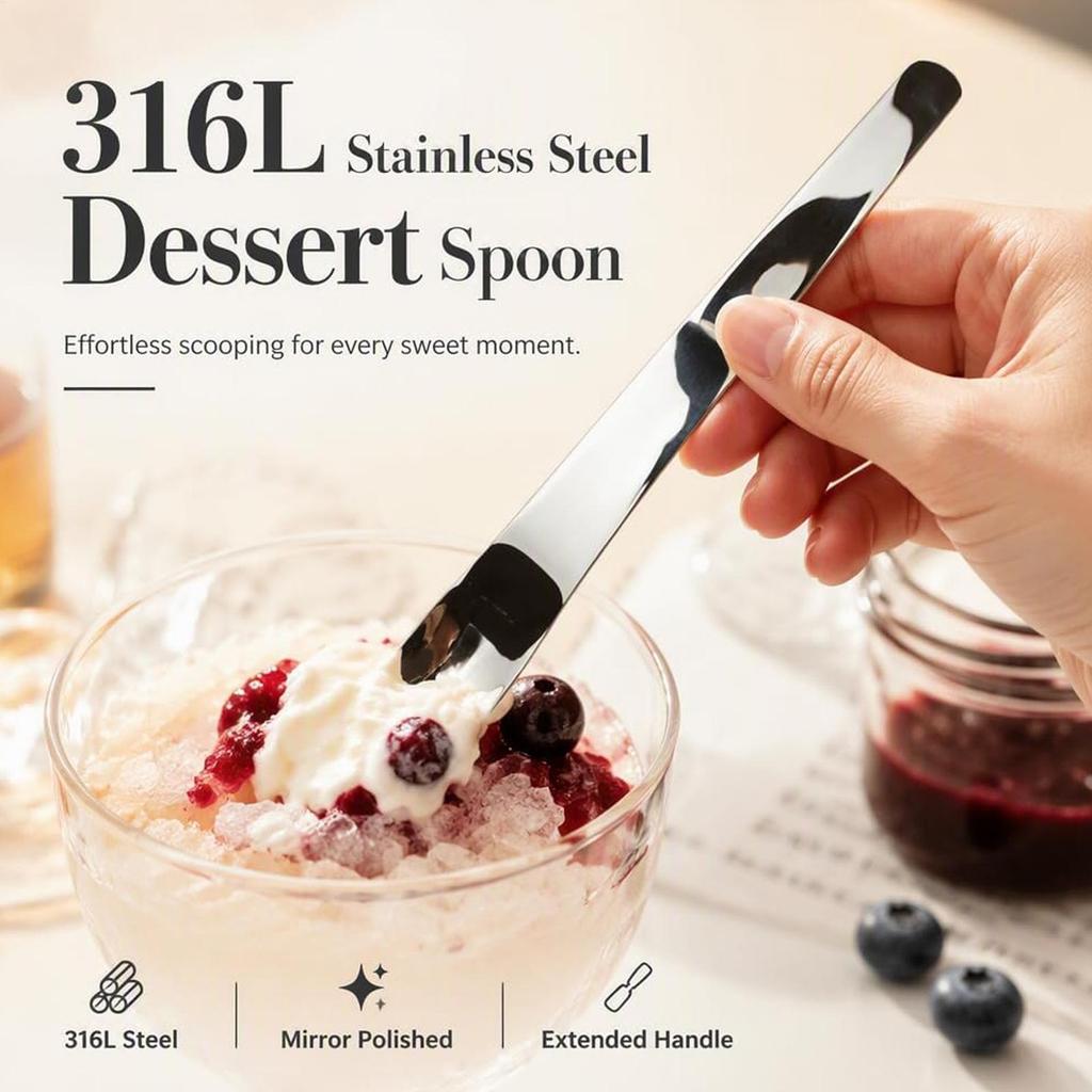 Heavy Duty Dessert Spoon 2pcs Stainless Steel Long Handle Scoop Square Sugar Spoon for Ice Cream Coffee Tea, Kitchen Baking