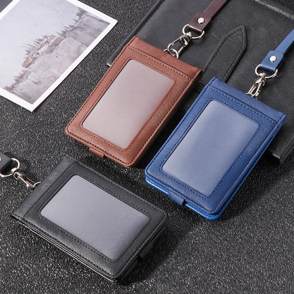 Multifunctional PU Leather Work Card Holder Fashion Women Men Name Badge Holder ID Business Case Office School Bank Credit Card