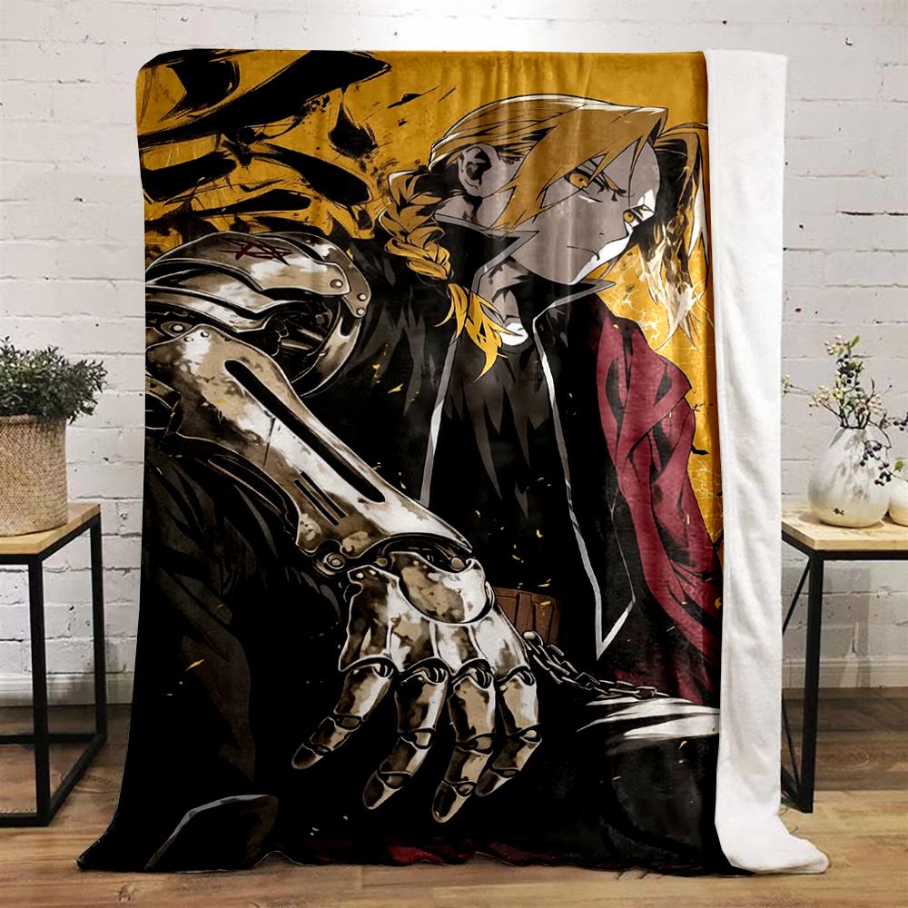 Blond anime character with metal arm design. Flannel blanket for bedroom, living room, sofa, and nap sofas.