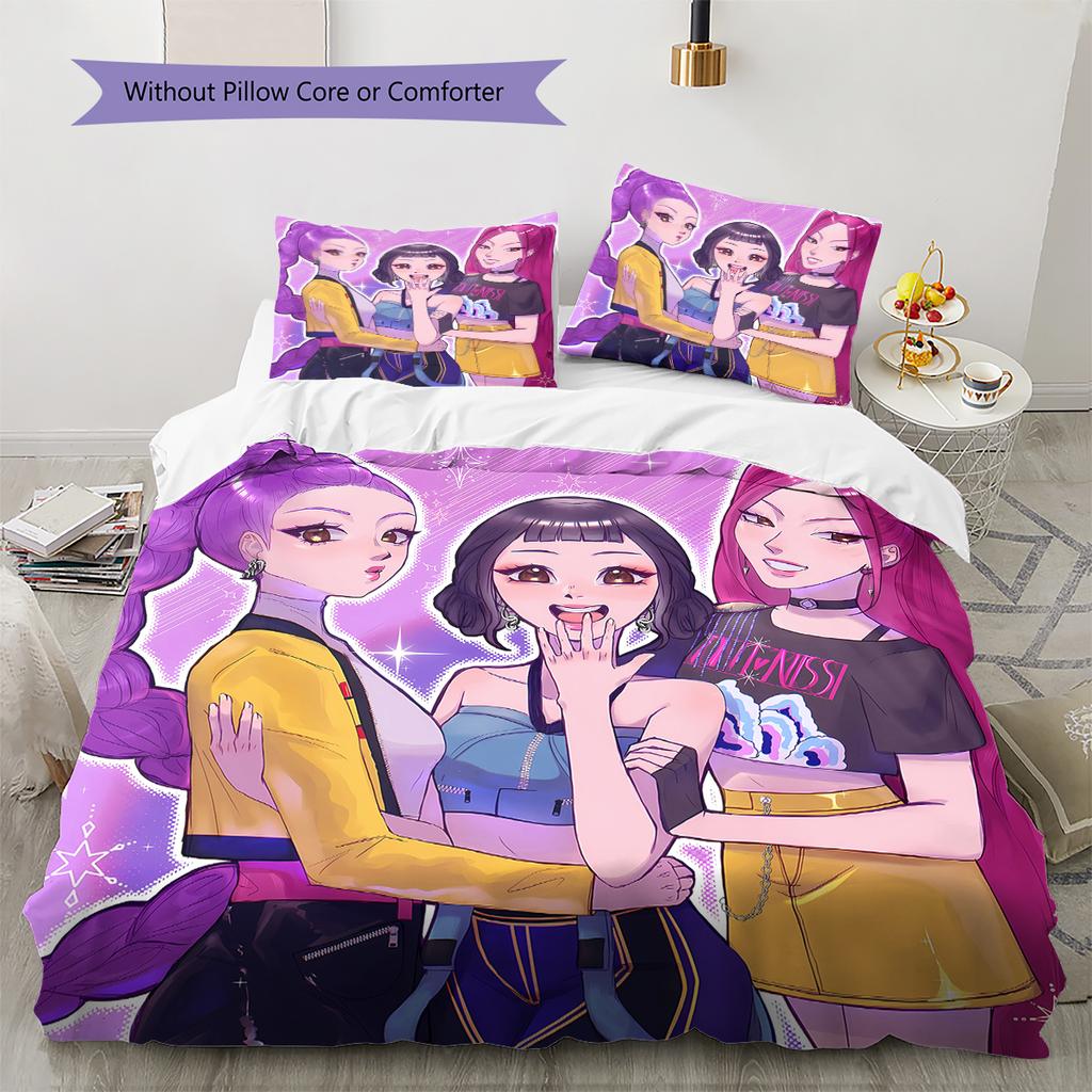Pościel z wzorem Łowców Demonów K-pop, Zestaw kołdry Poszewka na kołdrę Poszewka na poduszkę Domowy prezent urodzinowy (1 * poszwa na kołdrę + 2 * poszewki na poduszki, bez rdzenia)