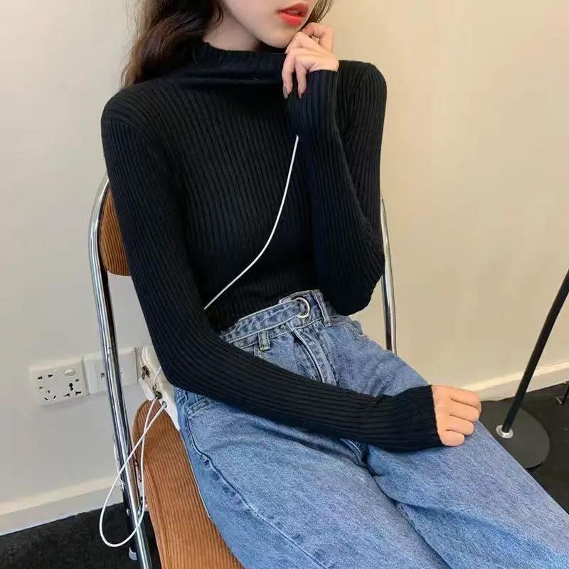 Autumn and Winter Sweater Women's Half Turtleneck All-match Pullover Slim Fit and Thin Inner Layer Bottoming Knitted Sweater Top