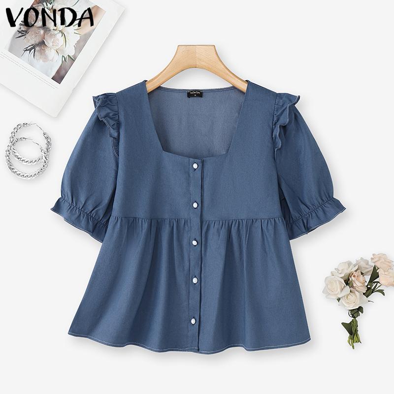 

ZANZEA Женская блузка с квадратным вырезом, короткими рукавами, на пуговицах, с оборками, повседневная 2XL синий