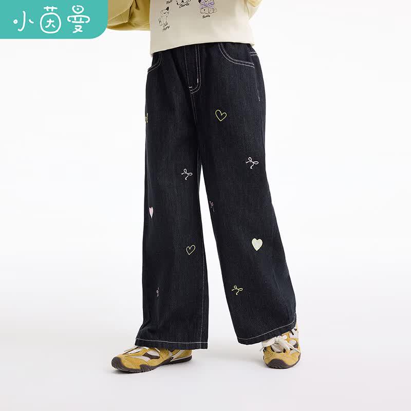 Girls' Embroidered Wide-Leg Denim Jeans