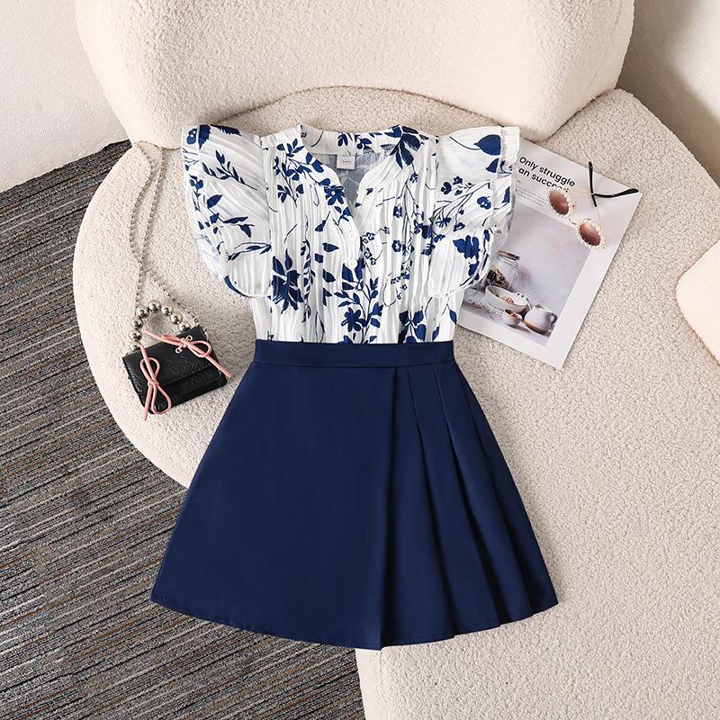 Girls  Fashion Set - Summer Children s Sweet Lotus-Leaf Sleeve Top and Half-Dress Set 130cm=8Y тёмно-синий