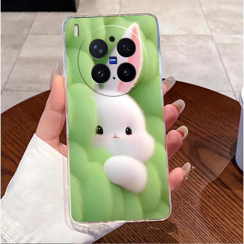 Green Fluffy Cartoon Rabbit Pattern Phone Case For Vivo X300 Pro Transparent TPU Soft Cover Shockproof Couple Protective Shell