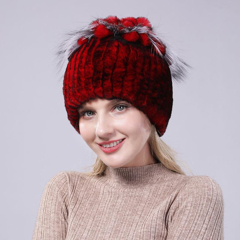 New Rex Rabbit Hair Hat Women's Winter Thickened Warm Fashion Versatile Elastic Fur Woven Hand-sewn Knitted Hat