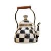 Checkered Black & White Enamel Kettle with Diamond Lid, Wooden Handle, Angled Spout, 2L Capacity - Classic All-Season Teapot