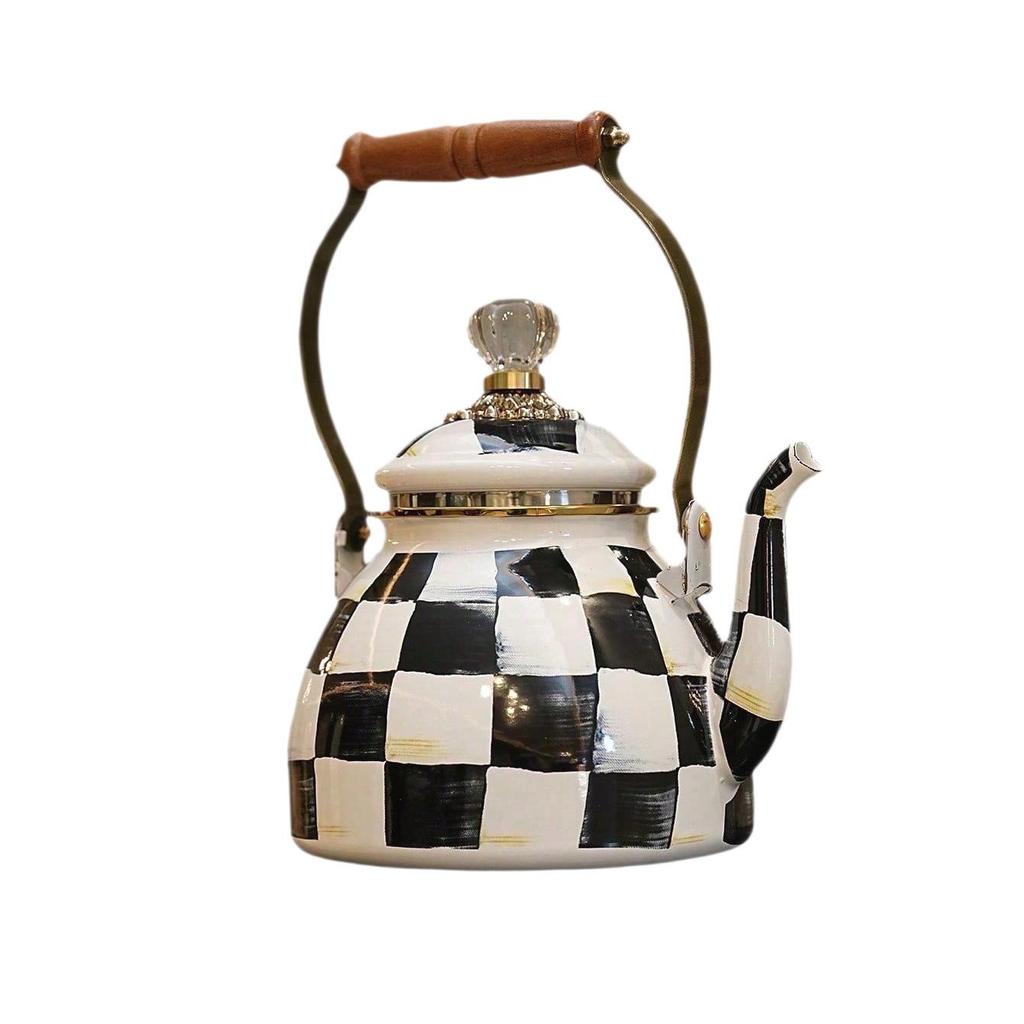 Checkered Black & White Enamel Kettle with Diamond Lid, Wooden Handle, Angled Spout, 2L Capacity - Classic All-Season Teapot