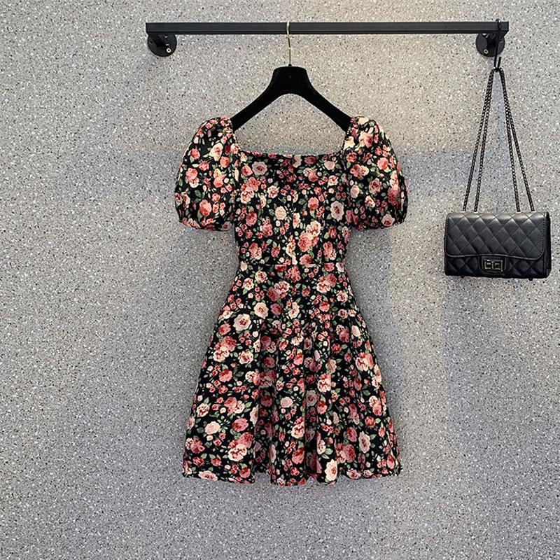 2023 Plus Size French Floral Puff Sleeve Dress: Slimming, Square Neck Summer Style