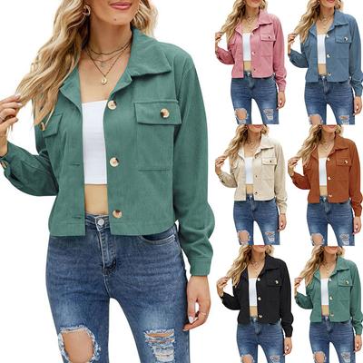 Women Corduroy Cropped Jackets Shirt Autumn Fashion Lapel Button Short Jacket Tops Long Sleeve Solid Color Coat Lady Outerwear