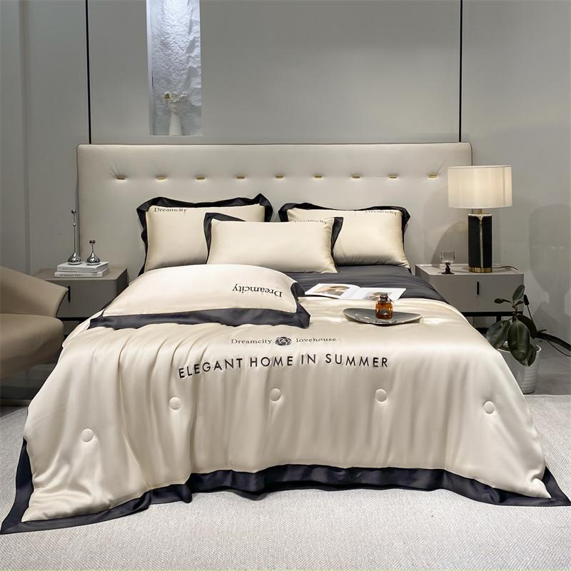 4pcs Embroidered Ice Silk Summer Comforter Set Suitable for Bedroom Apartment Bedding for Summer Comfort Breathable Cool