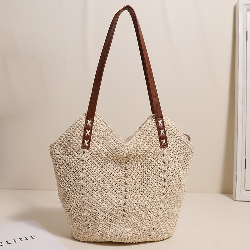 Single Shoulder Cott Thread Woven Bag, Summer Beach Vacati Hand-held Woven Bag, High-quality Grass Woven Tote Bag
