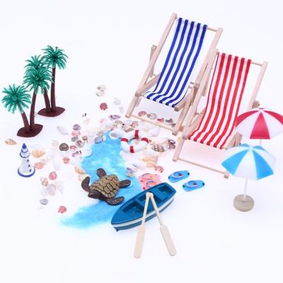 1 Set Dollhouse Miniature Summer Beach Set Simulated Mini Deck Chair Swim Circle Parasol Palm Trees Shell Beach Micro Landscape Dollhouse DIY