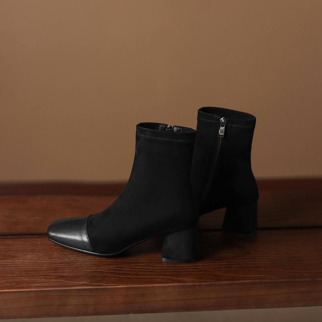 Krazing Pot Microfiber Winter Round Toe Western Boots Thick High Heels Zipper Women Flock Patch Work Ankle Boots