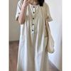 Women's summer new literary and retro Japanese long dress loose casual and thin short-sleeved dress small lazy style