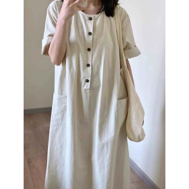 Women's summer new literary and retro Japanese long dress loose casual and thin short-sleeved dress small lazy style