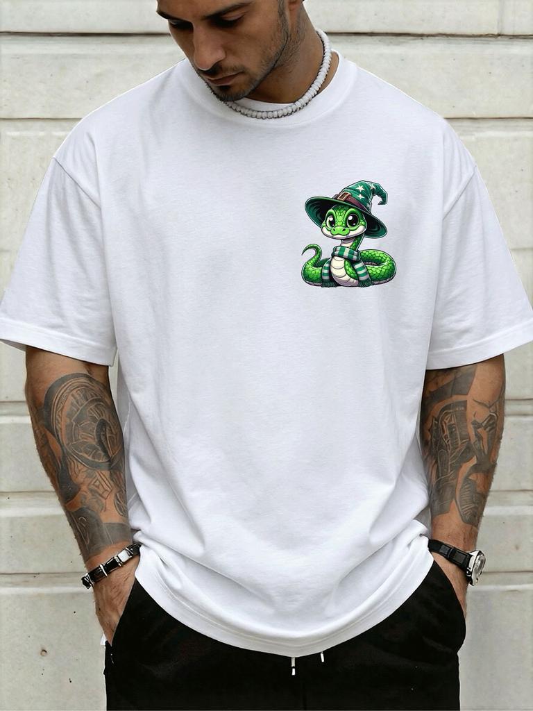 Unisexs Crew Neck Tee Mini Wizard Green Snake Chest Graphic Print Soft Cotton Magic Cartoon Trendy Outdoor Short Sleeve Casual Top
