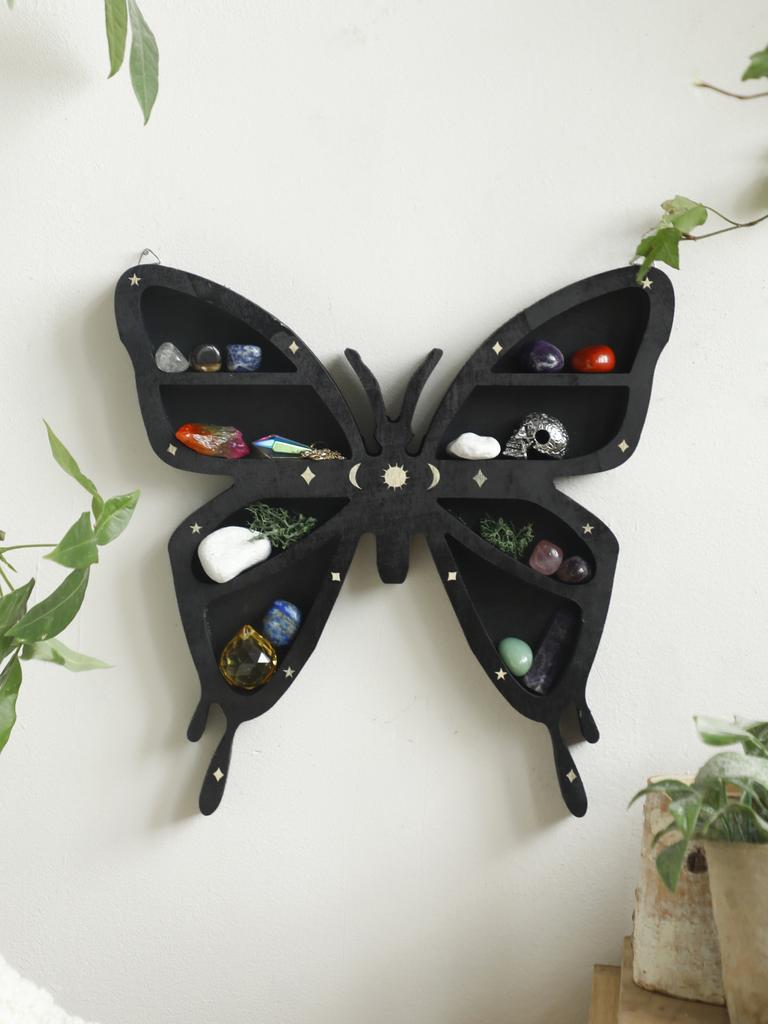 Lotus Moon Butterfly Wooden Essential Oil Crystal Shelf Display Floating Wall Shelf Boho Home Decoration Gothic Wall Decor Gift