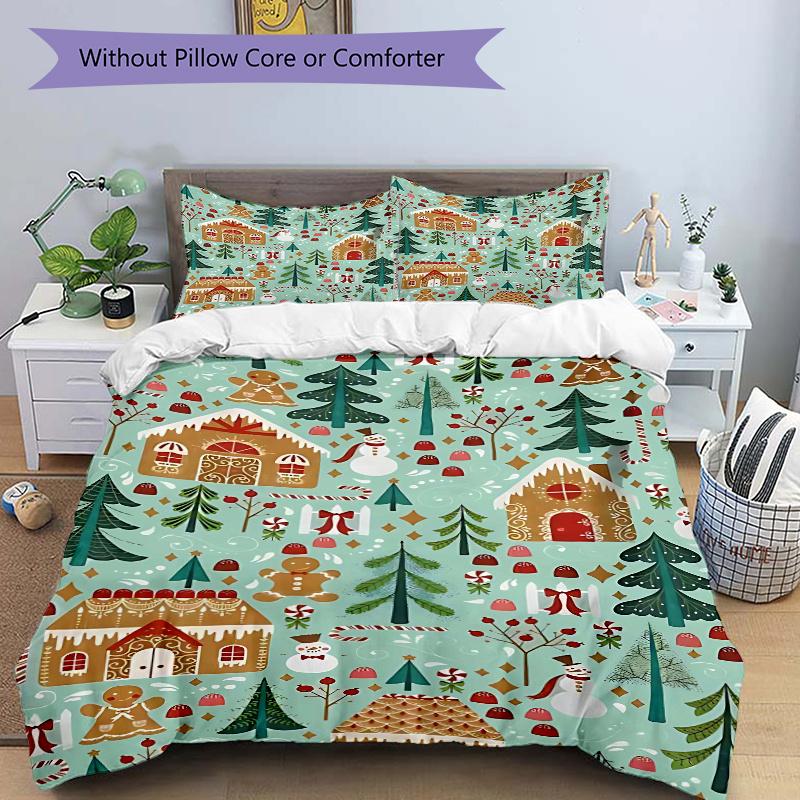 3pcs Christmas Holiday Gift, Gingerbread House Bedding Set with 1 Quilt Cover and 2 Pillowcases (No Core), Festive Decorative Polyester Fabric