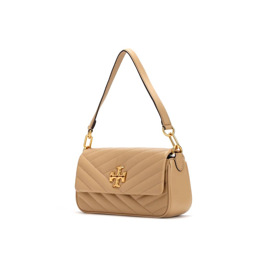 Tory Burch Kira Gold Logo V-Stripe Quilted Flap Bag with Metal Clasp Leather Tote Bag Shoulder Bag Small Size Women's Style Tan