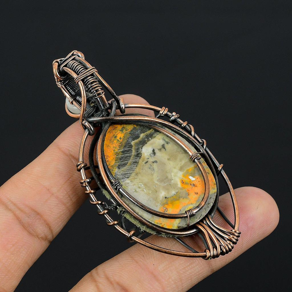 Bumble Bee Jasper & Rainbow Moonstone Jewelry, 999 Copper Wire Wrapped Gemstone Pendant, Handmade Pendant, For Memorial Day