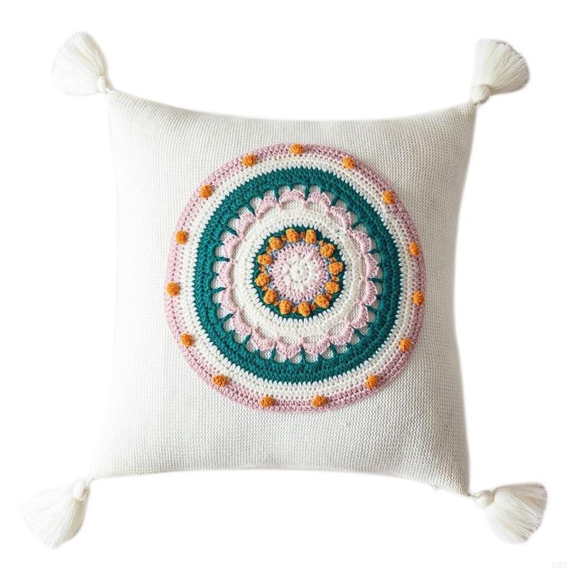 

Boho Knitted Throw Pillow for Case with Tassels Ethnic Colorful Geometric Round Floral Crochet Decorative Cushion for X3UC