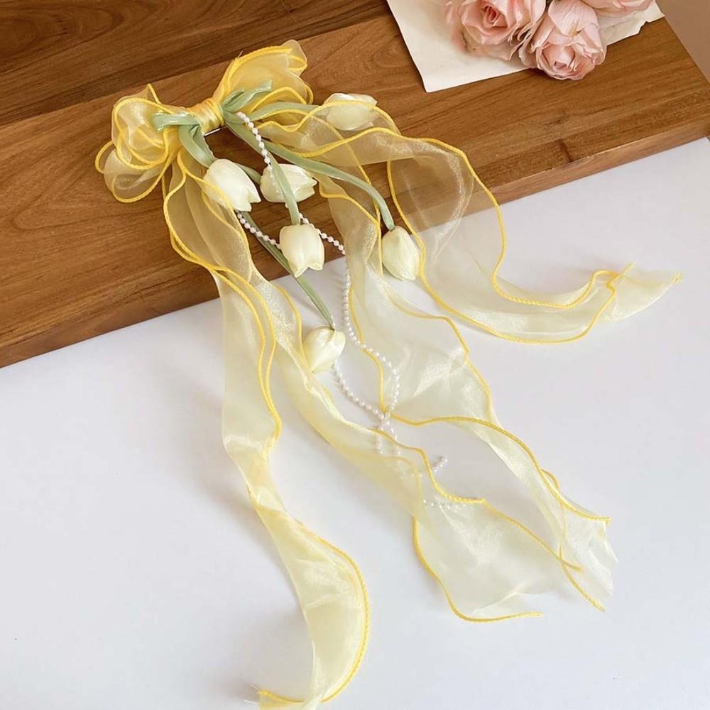 Fairy Style Tulip Hair Clips Mesh Ribbon Organza Bowknot Barrette Muguet Flower Hairpin  Feminine жёлтый
