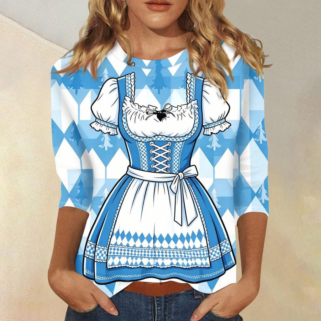 Women Casual Three Quarter Sleeve Oktoberfest Print Round Neck Shirt Lightweight Pullover Top for Daily Wear