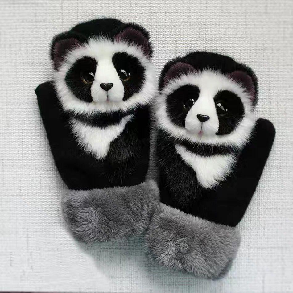 1 Pair Unisex Mittens Thickened Full Finger Winter Warm Gloves Knitted Wool Cartoon Animal Gloves