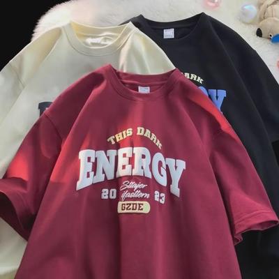 Men's Burgundy Retro Oversized Summer T-Shirt, Loose Fit, Short-Sleeved, Trendy Couple's Top