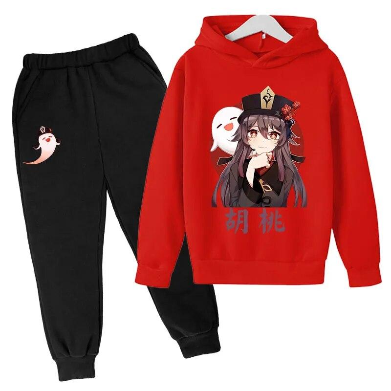 Anime Game Genshin Impact Printed Boys Girls Tracksuit Sets HuTao Pattern Hoodie + Pants 2pcs Sets Fashion Casual Unisex Clothing Children's Set