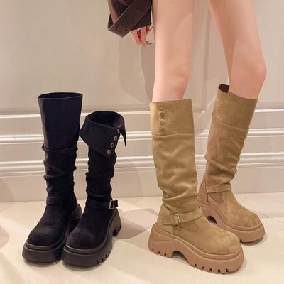 Platform Thick Heel Women Knight High Boots Height Increase Belt Buckle Shoes Autumn Winter Ladies Punk Vintage Long Booties