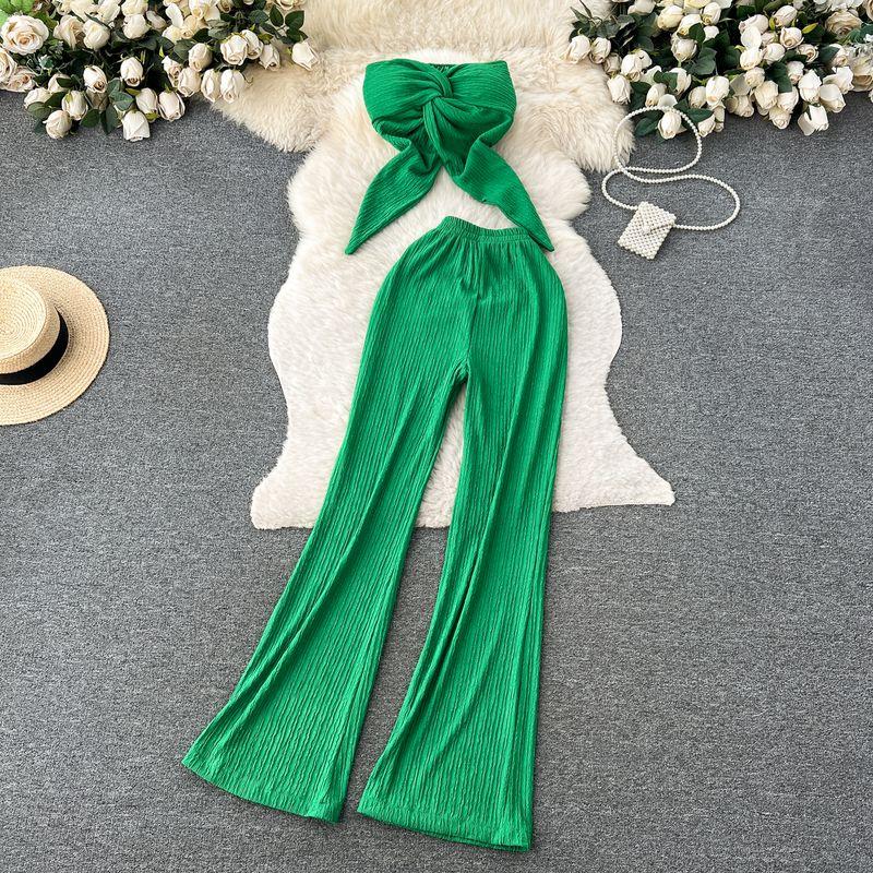 

Stylish Asymmetrical Twisted Hot Tube Top Tops Women s High Waist Drooping Long Pants Vacation Style Wear Two-piece Set Green One size