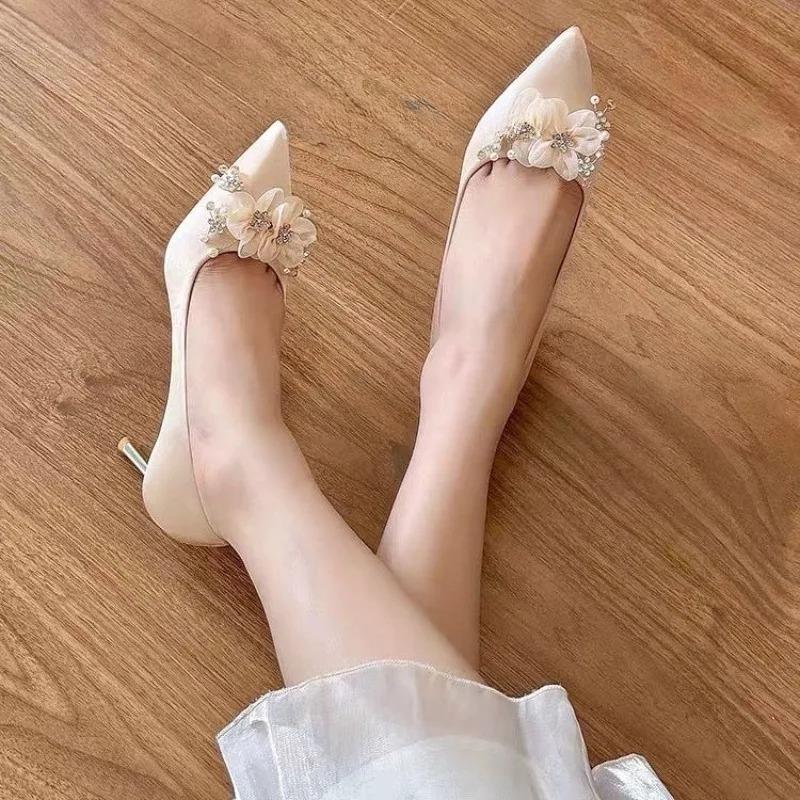 Fashion Stiletto Single Shoes Autumn New Pointed Toe Shallow Mouth Flower Slip-on Non-Slip Wear-Resistant High Heels
