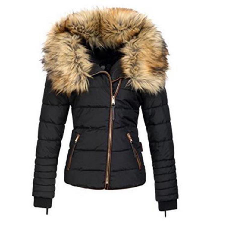 Ladies Slim Fit Cotton Jacket with Hood and Large Collar Zipper Fashion Outerwear