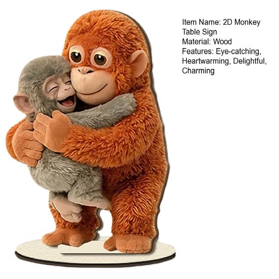 Niedliches Affen-Tischschild (2D) mit Babyäffchen und Plüschtier, Schreibtischdeko aus Holz für Zuhause oder Büro, herzerwärmendes Geschenk für Freunde