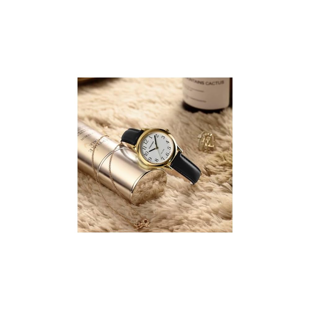 PINDOWS Women's Slim Minimalist Quartz Analog Watch Black Leather Strap Gold Tone Case Elegant Everyday Timepiece