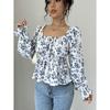 T-shirt Fresca e Dolce da Donna Autunno e Inverno Scollo Quadrato Maniche a Bolla Floreale Esplosivo Top a Maniche Lunghe
