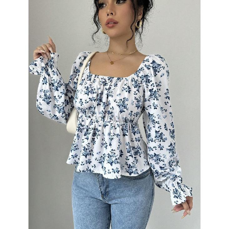T-shirt Fresca e Dolce da Donna Autunno e Inverno Scollo Quadrato Maniche a Bolla Floreale Esplosivo Top a Maniche Lunghe