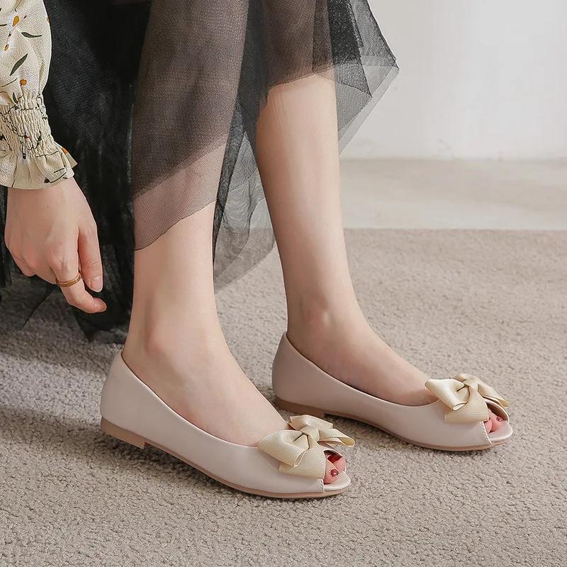 Summer New Women Shoes Leather Peep-toe Sandals Casual Bowknot Boat Shoes Fashion Slip-on Loafers