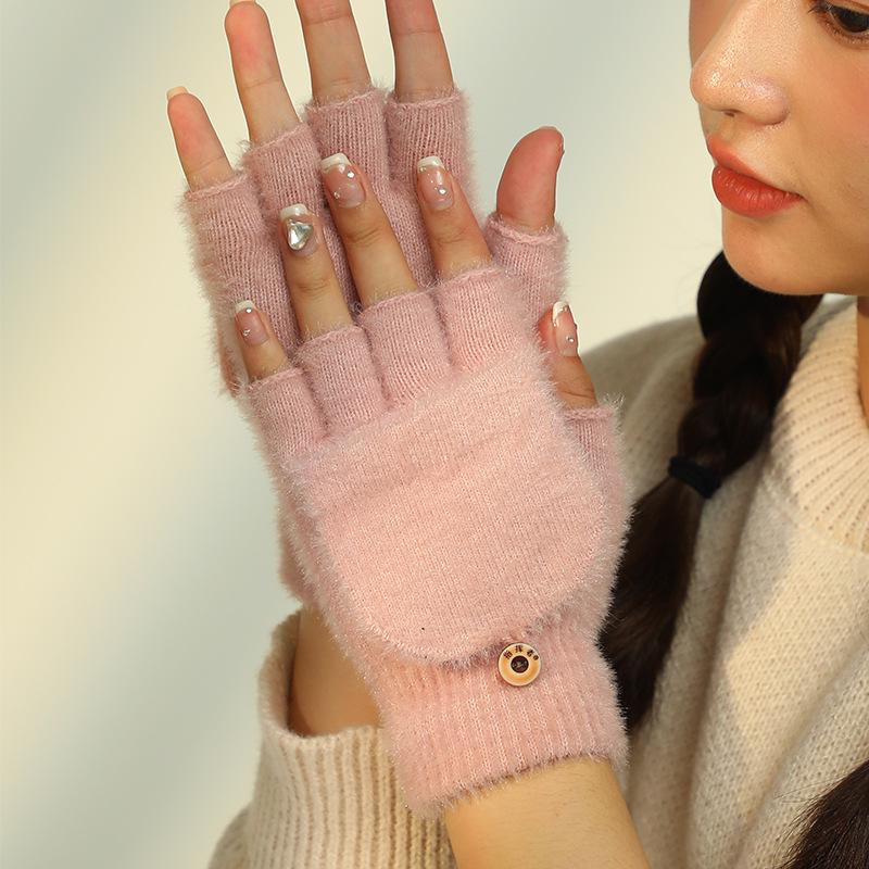 Women's Plush Fingerless Flip Gloves: Thick, Warm, Cold-Proof Winter Style