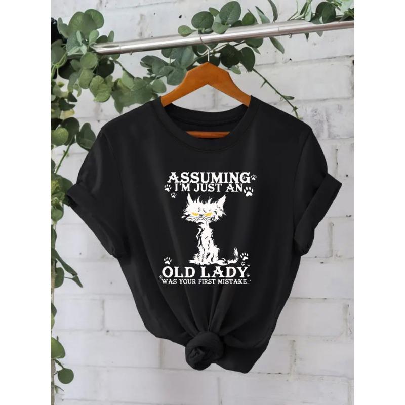 Rundhals Schwarze Katze Bedruckt Reines Baumwoll-Top Damen T-Shirt