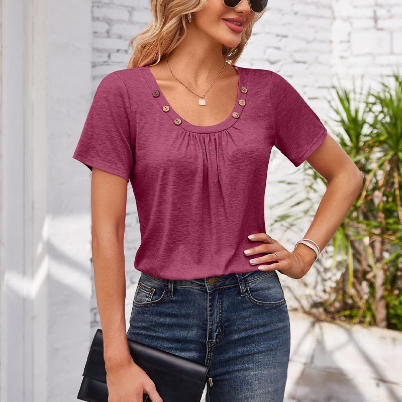 Women's Square-neck Top Pleated Solid Color Loose Button T-shirt