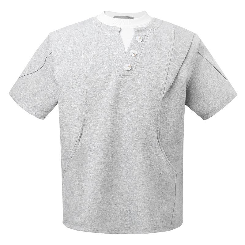 Fake Two-piece T-shirt Men's Summer 2025 New American Trendy Brand Small Neckline Splicing V-neck Front Shoulder Half-sleeve T-shirt Top