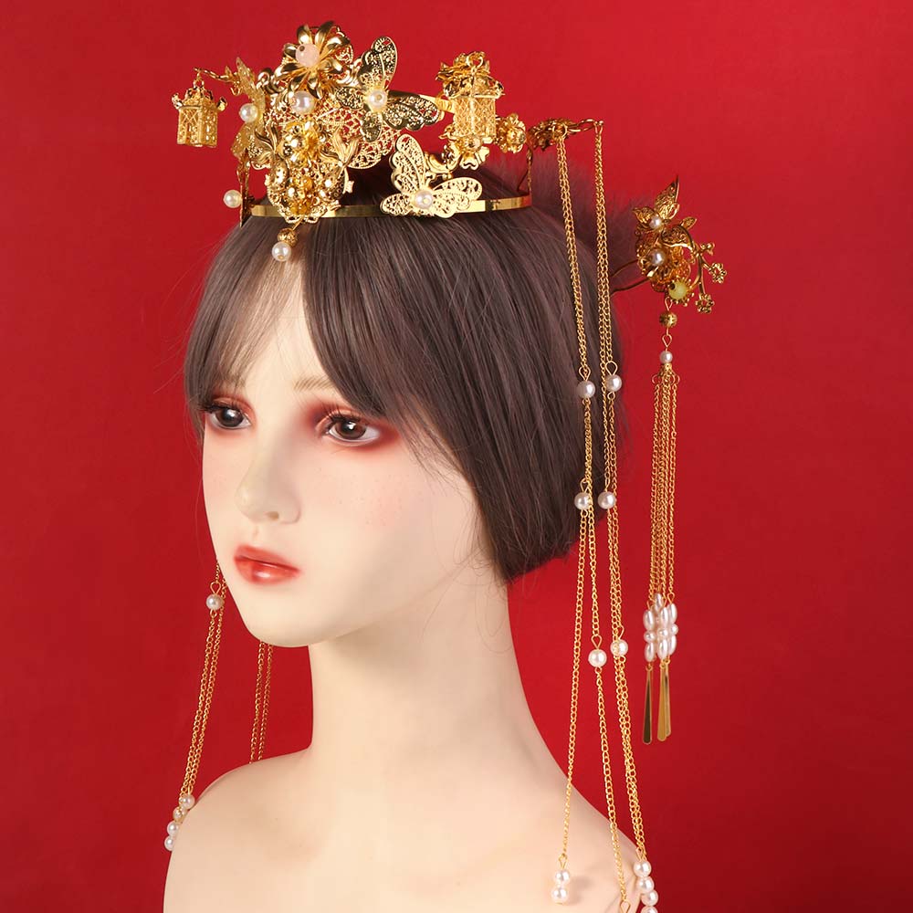 Chinese Style Bride Hair Crown Luxury Women Hanfu Hairpin Vintage Wedding Hair Crown  Jewelry Set